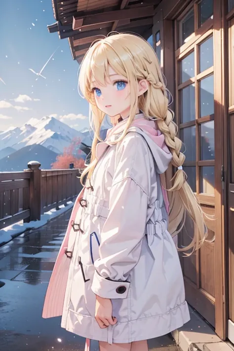 masterpiece, highest quality, High resolution, One 13-year-old girl、blue eyes、
Blonde、Braid、Pink Coat、Snow Mountain、Snowstorm、walk