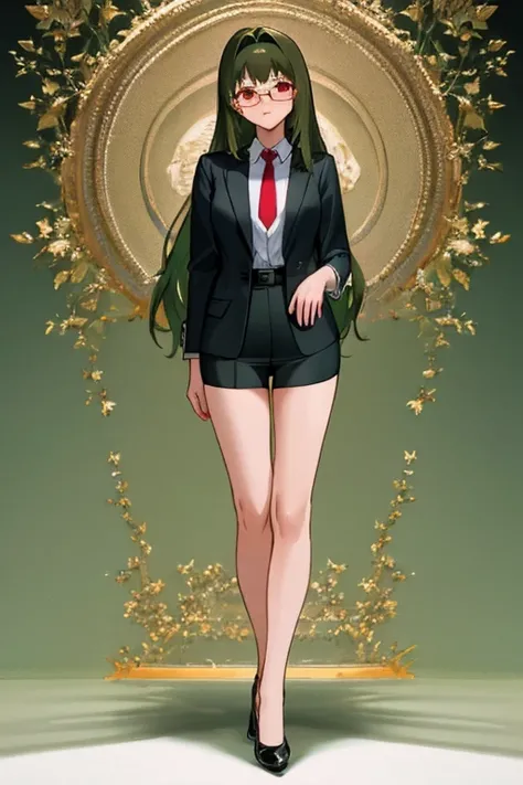 masterpiece, best quality, ultra-detailed,beautiful detailed, {{{{extremely detailed CG}}}},{8k_wallpaper}, 1 female, solo, 25 year old female,full body,office casual,flat chest,Long Hair, Dark Green Hair, glasses, red eyes,Shy, timid, ashamed, extra shy ,...