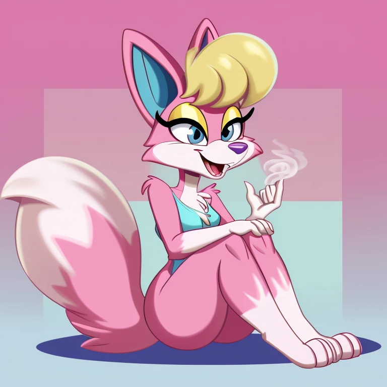 a anthropomorphic cartoon character, fifi la fume, from tiny toon adventures, sitting with her tail curled around her, purple an...