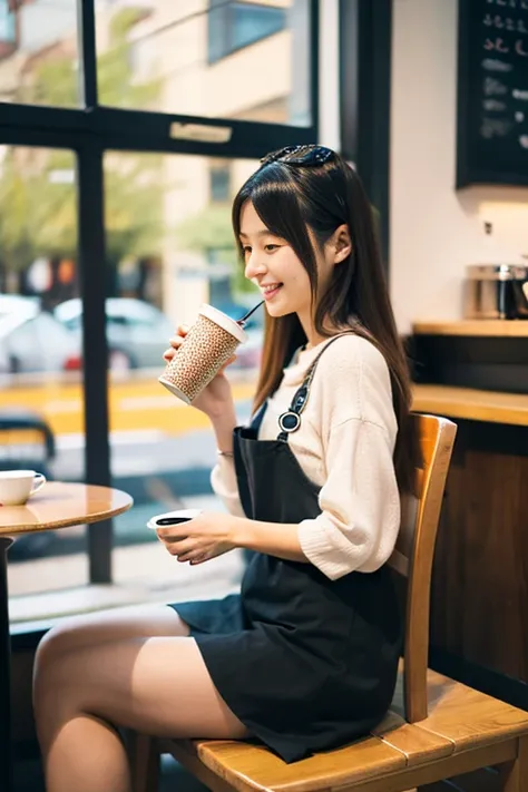 a japanese beautiful girl, 15 years old, , 8k, super detail, best quality, (photorealistic:1.4), Drinking coffee at a coffee shop, (full body:1.5), first-person view, torogao