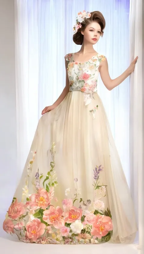 a beautiful dress, with flowers overlooked , leuchtend, lang