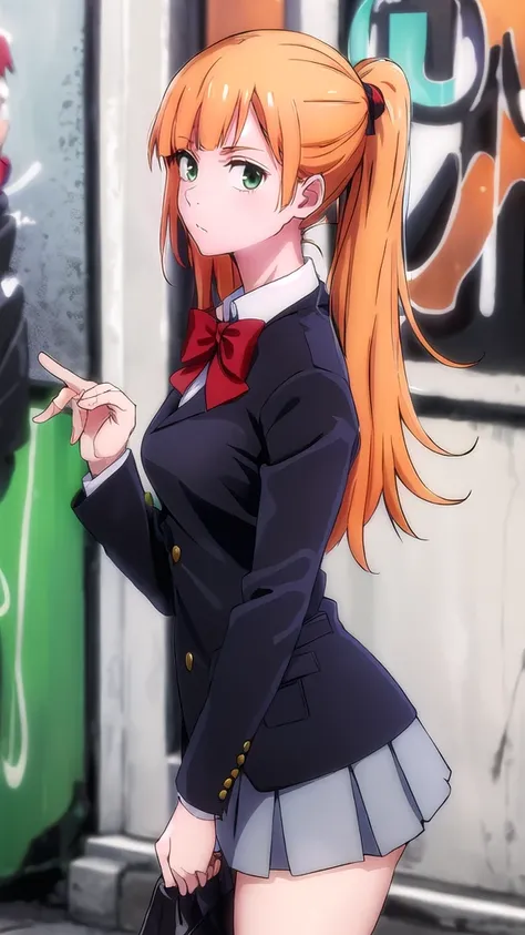 best quality,4k,8k,highres,masterpiece:1.2),umasterpiece,high quality,solo,
Orange hair, green eyes, 
gray skirt, white long sleeve blouse, red bow, , green blazer, high quality, school graffiti in the background. 