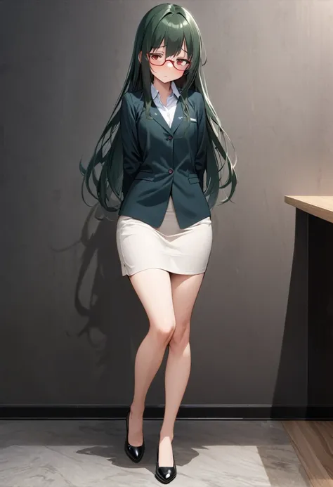 masterpiece, best quality, ultra-detailed,beautiful detailed, {{{{extremely detailed CG}}}},{8k_wallpaper}, 1 female, solo, 25 year old female,full body,office casual,flat chest,Long Hair, Dark Green Hair, glasses, red eyes,Shy, timid, ashamed, extra shy ,...