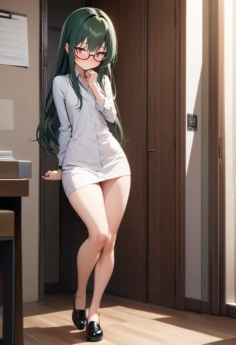 masterpiece, best quality, ultra-detailed,beautiful detailed, {{{{extremely detailed CG}}}},{8k_wallpaper}, 1 female, solo, 25 year old female,full body,office casual,flat chest,Long Hair, Dark Green Hair, glasses, red eyes,Shy, timid, ashamed, extra shy ,...