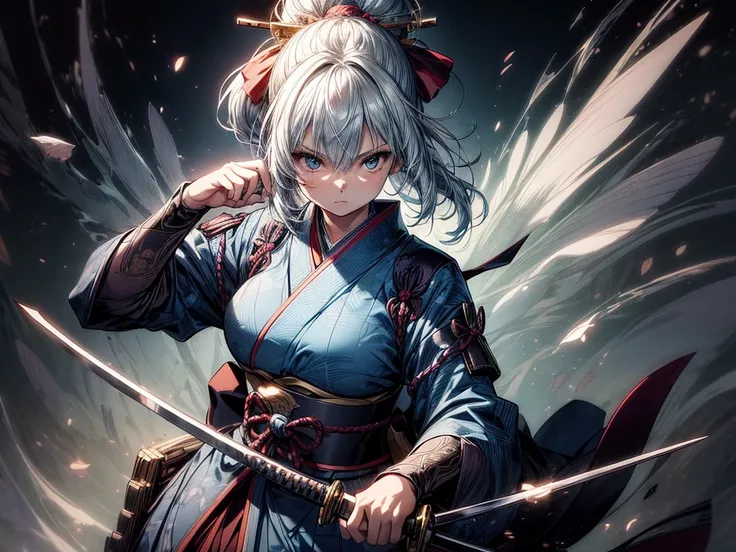 (1 girl), put hands on katana ,from above, upper body ,blue kimono , serious face ,high resolution,(incredibly absurdres),anime visual,extremely detailed CG unity 8k wallpaper, ((masterpiece)), ((top-quality)), (beautiful illustration), ((an extremely deli...