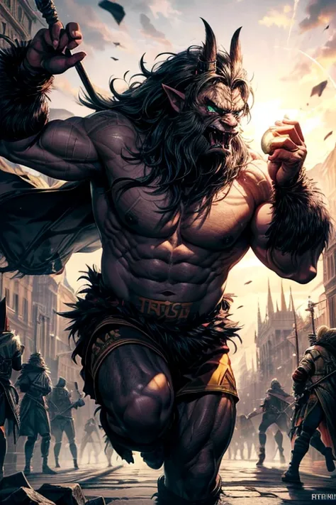 RPG art, fantasy art, a big orc playing soccer, a big orc grey skin, large tusks, furry skin, black eyes, there is a golden nose ring in his nose, wearing Barcelona Football club uniforms, he has the ball and runs towards the goal,