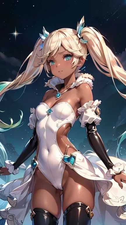 Iooiklas,Platinum Blonde Hair,Twin tails, hair ornaments, White Dress, Black knee socks, 
Removable sleeves,Complex eyes,Beautiful fine details,Symmetrical eyes,Big eyes:1.5,
(((dark skin,dark_skin,lustrous skin:1.5,bright skin: 1.5,
skin tanned,shiny skin...