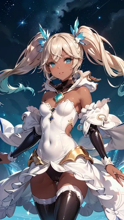 Iooiklas,Platinum Blonde Hair,Twin tails, hair ornaments, White Dress, Black knee socks, 
Removable sleeves,Complex eyes,Beautiful fine details,Symmetrical eyes,Big eyes:1.5,
(((dark skin,dark_skin,lustrous skin:1.5,bright skin: 1.5,
skin tanned,shiny skin...