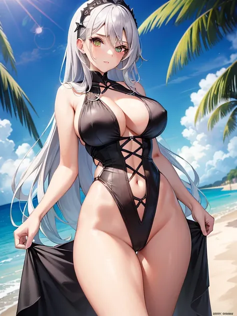 Masterpiece, ultra-detailed, Young woman, Silver hair, Green eyes, Hourglass figure, Gothic one piece swimsuit, Holding beach ball, Beach scene

This captivating masterpiece showcases a young woman with silver hair cascading down to her waist, framing her ...