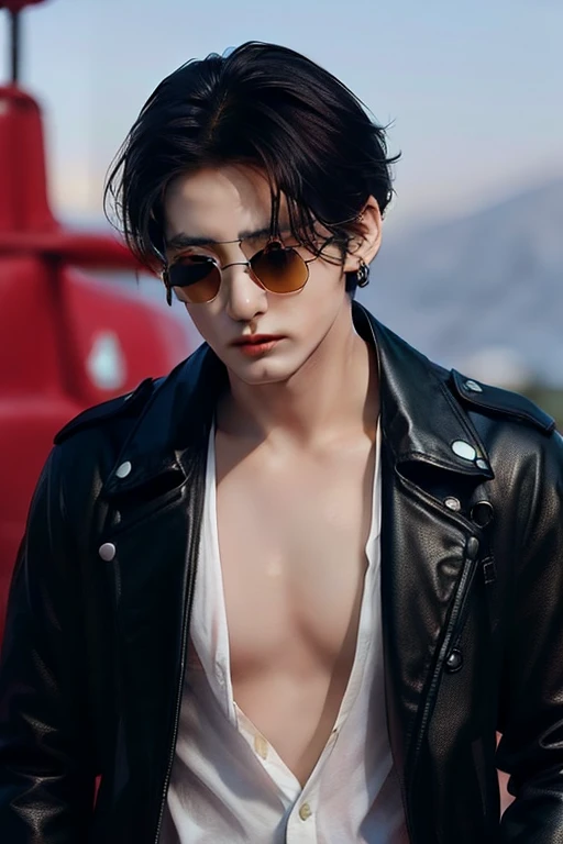 (((Duo of Oh SeHun and the Bts Jeon JunKook,murderers, armed force, brigadier general clothing, olive, long trench coat, gray black red leather clothing, (Cassock, priest) shiny jewelry, Rolex, Full T-shirt black Dark blue, Jungkook, perfect man JunKook, m...