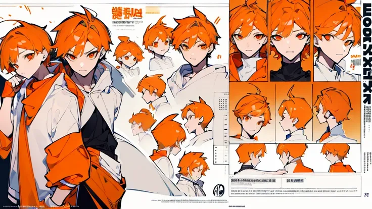 (Masterpiece,Highest quality),(Maximum details),(character design sheet,page,behind,side,All characters are the same.),man,short hair,White and orange hair,pageตาcute,Bored,There are headphones on the neck.,Wear a white sweater,Wear orange shorts,orange ey...