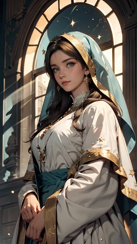 Mother of Jesus, Black hair and green eyes, light brown skin, Wearing a light blue robe, And a sky-blue veil, A calm expression that brings peace (whole body) Near the window, Illuminated by the moonlight (Magnificent and realistic)