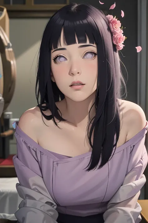 masterpiece, absurdres, hinata(boruto), 1women, solo,mature female, milf, off-shoulder oversized shirt, looking at viewer, (falling petals), perfect composition, detailed lips, big breast, beautiful face, body propotion, blush, (pink lips), long hair, purp...