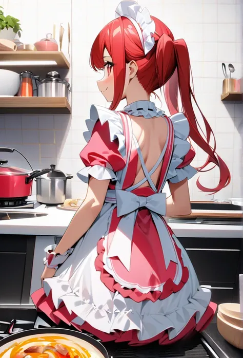 High quality, high definition, hig
h precision images,8k 1 girl、red hair,Twin tails,Red eyes.(robot style red and white barrette)、((white and pink frills luxurious maid outfit))、cute and colorful kitchen,cooking in a pot Holding a kitchenware ,back view,Lo...