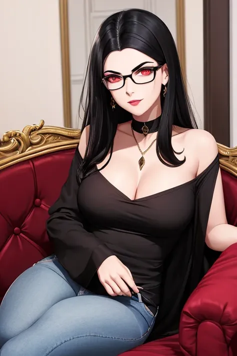 1vampira, shoulder-length black hair, olhos vermelhos, glasses, orelhas pontudas, thin lips, rosto redondo, seios grandes, usand...