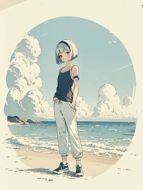 cute, masterpiece, highest quality, high resolution,,one girl standing on the beach, alone,silver hair, small earrings bob cut h...