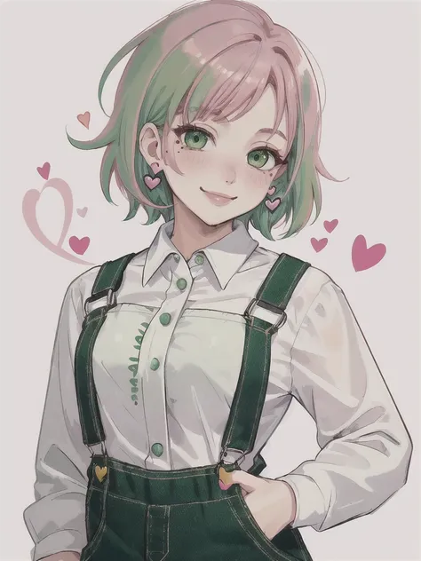 1girl, blush, earrings, green eyes, green hair, heart, jewelry, long sleeves, looking at viewer, mole, mole under eye, overalls, pink hair, ring, shirt, short hair, simple background, smile, solo, upper body, white background, white shirt