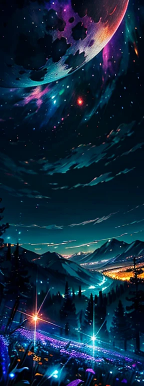 Expansive landscape photograph, (view from below with a view of the sky and the wilderness below),  standing in a flower field looking up, (full moon: 1.2), (shooting star: 0.9), (nebula: 1.3), distant mountain, tree break production art, (warm light sourc...