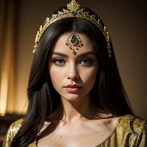 Cleopatra、A beautiful woman、Beautifully detailed eyes、Beautifully detailed lips、Long eyelashes、Gorgeous Woman、Graceful pose、Sublime Beauty、Golden headpiece、Flowing black gown、Egyptian Hieroglyphics、Exotic background、Sunset lighting、Champion Pose、Mysterious...