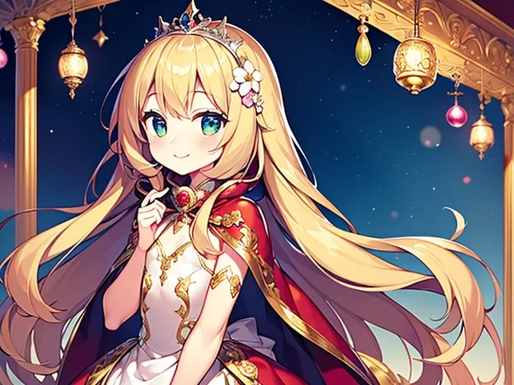 (kawaii),(best quality),(ultra detailed), upper body,(rococo style),(long train red cape:1.15), very long cape,(long train white ball gown with flower decorations), a girl is wearing a cape over her gown, 1 little princess, tiara , smile, very long hair, s...