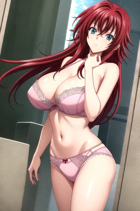 not_DXD_Rias, 1 Girl, Rias gremory, Long hair, Solitary, Ahog, Red hair, , breast, Hair between the eyes, very Long hair, large breast, Green Eyes,, permanent, bow, Shut up, Bangs, blue eyes, huge Ahog, Side lock,Pink Underwear,Pink Lace, pink bra, pink un...