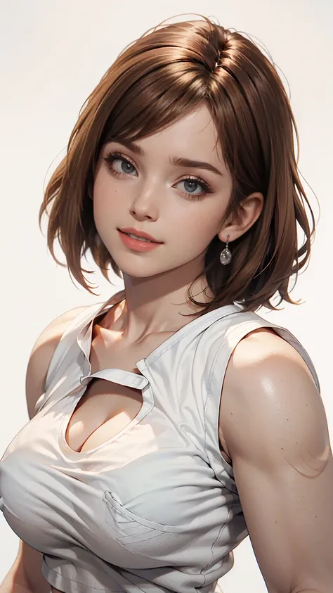 highest quality, Realistic, 8k, High resolution, 1 girl, woman, (Skin dents), (Portraiture: 0.6), nice, (White Background: 1.82)), ((Big round breasts, Sleeveless White T-Shirt: 1.75)), Straight Watching Viewers: 1.8, (1 girl Eyes, Medium length hair, Brow...