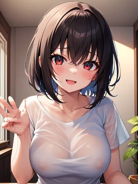 masterpiece、Highest quality、Ultra-high resolution、Medium breasted girl、red and large eyes,、Black short hair、The hair inside is colored、Excited face、Please open your mouth a little、Sex-inviting pose、See-through white T-shirt