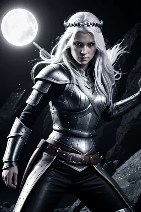 female viking warrior queen, slim fine face, white hair, epic lighting, black and white, comic book style, vector, lineart, no background, 