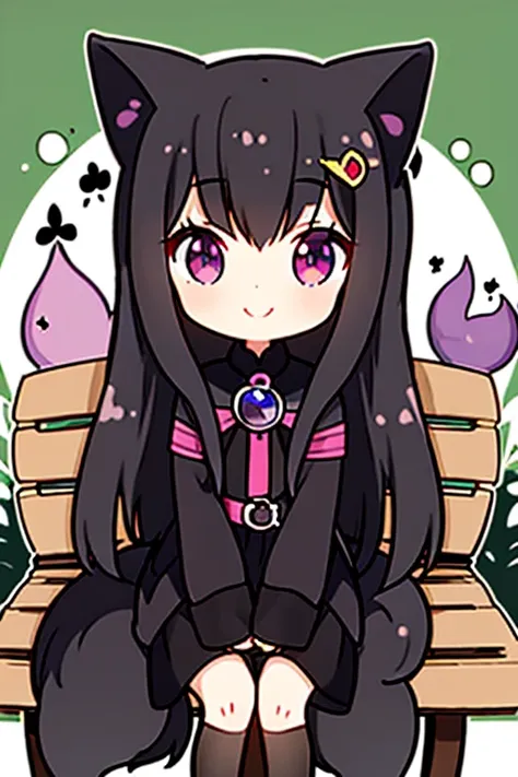 A black haired woman with violet eyes with an hourglass figure and black fox ears and a black fox tail is smiling on a bench in a garden