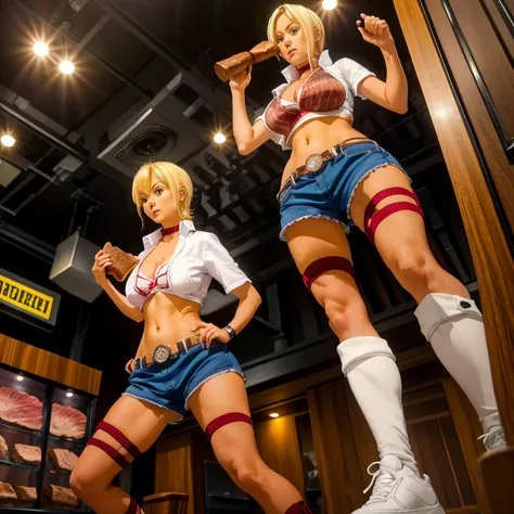 Blonde girl eating steak at steakhouse　Wearing sneakers　High leg shorts with suspenders　Large Breasts　Showing her belly button　Ultra low rise　Knee-high socks　　No underwear　Belt on chest