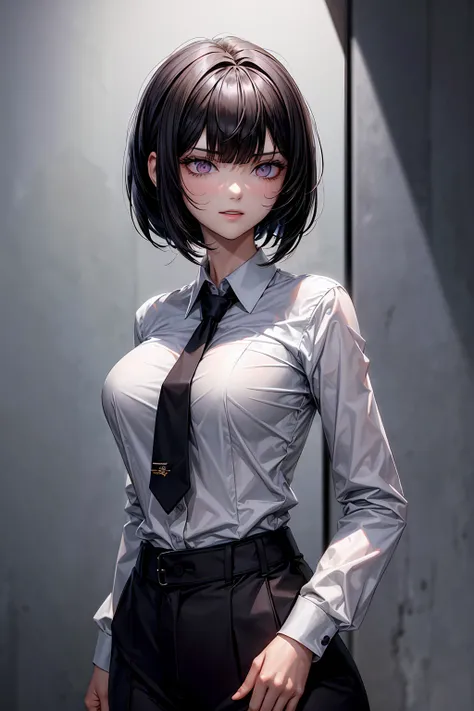 Upper body and head Look up Pay attention to the tall girl Extremely detailed Perfect female body One girl 20 years old Short black hair Unruly hair Long bangs Hair between the eyes Lightly twisting the hair next to the ear Black hair Handsome woman Smirki...