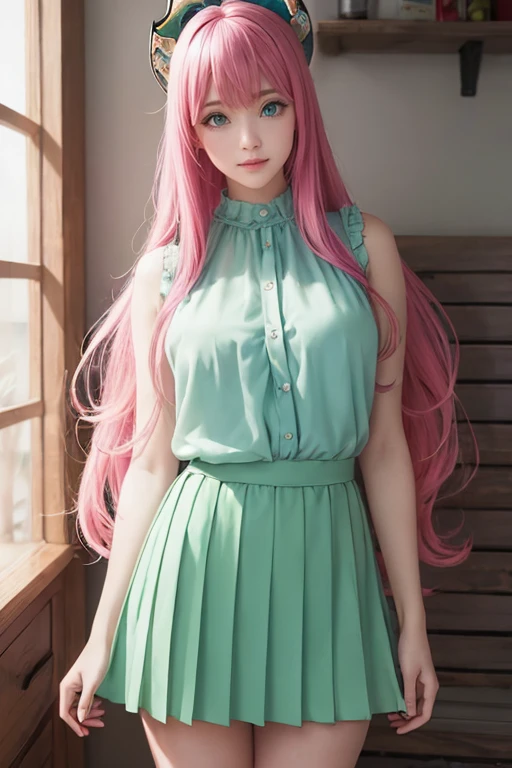 lala devilluke, lala deviluke, long hair, pink hair, tail, (green eyes:1.5), smile, break casual wear, translucent blouse, ruffl...