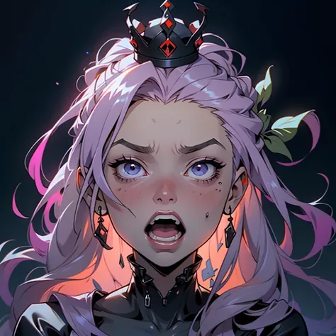 a girl with long hair and a crown on her head, eerie and grim art style, intense screaming expression, pink violet light, uwu hi-fructose, very sad emotion, cg art, toxic drips, emote, necromancy, inspired by Muqi, molten plastic, anime still image, grimm,...