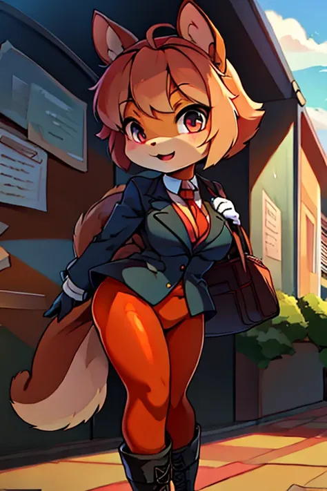 boy, squirrel and rabbit and cat, furry, bodyfur, blazer, bottomless, color tights, gloves, boots, school, school bag