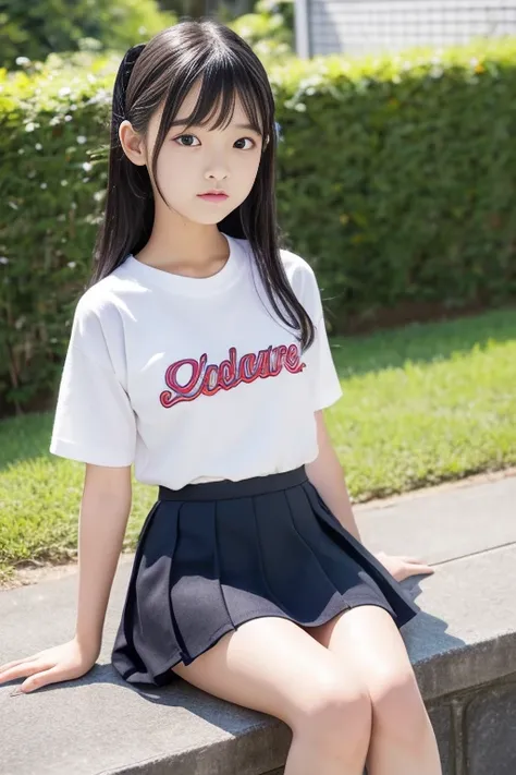 8k,Japanese,10 years old,Innocent face,Teenage Girl,cute,mini skirt,Casual wear,Sitting,Black Hair,garden,Hair Clip、Light clothing、soaked、Cheerleader、cute、High exposure、Spreading her legs wide、See-through fashionable clothes