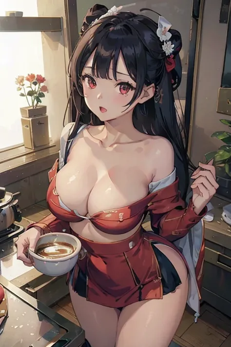 masterpiece, yor, 1girl, Amazing Cleavage:1.3, thin waist, big ass, Raised sexy, medium breast: 1.8 posed cleavage:1.2、solo, looking at viewer, open mouth, have a cup of coffee,black hair, red eyes, dress, bare shoulders, jewelry, collarbone, sidelocks, ha...