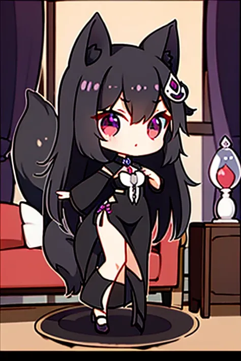 A black haired woman with violet eyes with an hourglass figure and black fox ears and a black fox tail is dancing in her living room