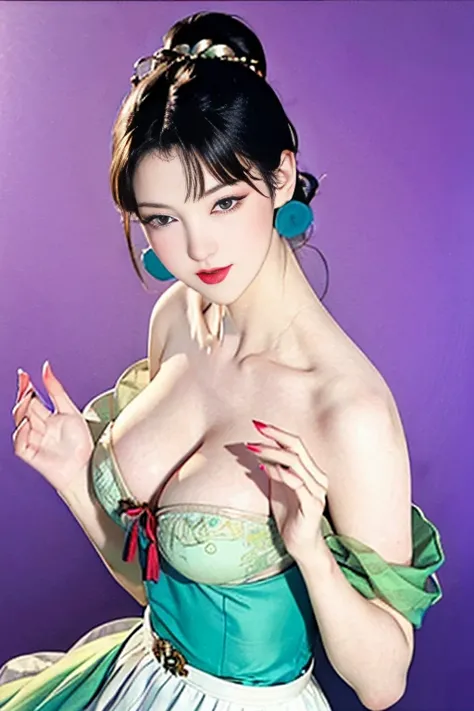 (large round breasts: 1.6), very delicate and beautiful, masterpiece, highest quality, ultra high resolution, 16k, photorealistic, ultra detail, narrow eyes, 1 girl, all white, forehead, black hair , solo, ((very voluptuous glamor)), narrow slit eyes, dark...