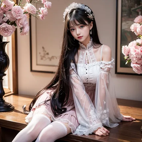 best quality, masterpiece, lifelike, 1 girl, solitary, eternal, Black Hair, Long curly hair, Bangs, Laugh out loud, Layered lace trim skirt,  Puff sleeves, Wide sleeves, Transparent sleeves,  在flower园里, flower, Detailed background,  Delicate face，pink blus...