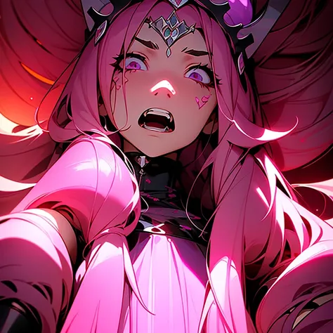 a girl with long hair and a crown on her head, eerie and grim art style, intense screaming expression, pink violet light, uwu hi-fructose, very sad emotion, cg art, toxic drips, emote, necromancy, inspired by Muqi, molten plastic, anime still image, grimm,...