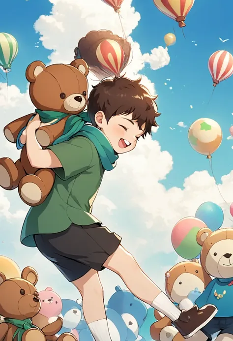 smile, open mouth, brown hair, shirt, 1boy, closed eyes, male focus, sky, shorts, socks, scarf, black shorts, stuffed toy, stuffed animal, child, teddy bear, green shirt, male child, bear