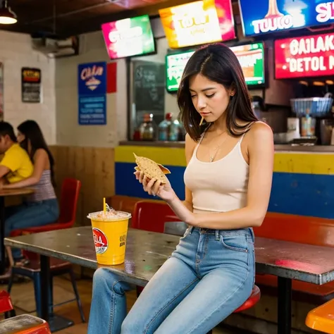 A woman in a tank top and slim jeans eating a taco at a taco shop　The cola is on the table