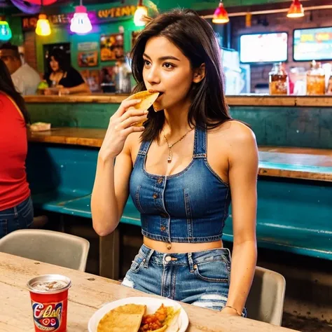 A woman in a tank top and slim jeans eating a taco at a taco shop　The cola is on the table