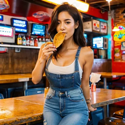 A woman in a tank top and slim jeans eating a taco at a taco shop　The cola is on the table