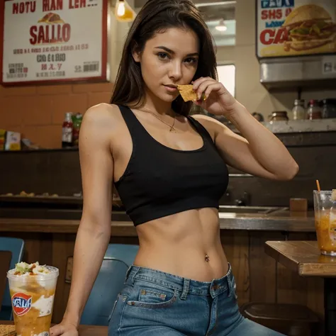 A woman in a tank top and slim jeans eating a taco at a taco shop　The cola is on the table