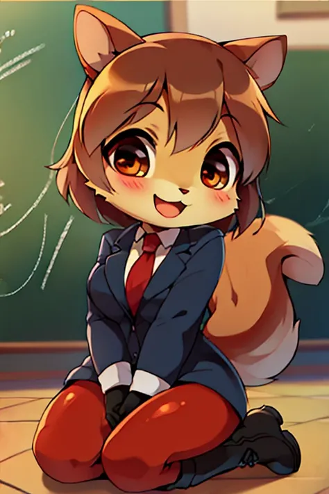 boy, squirrel and rabbit and cat, furry, bodyfur, blazer, bottomless, color tights, gloves, boots, school, chibi, happy, kneeling