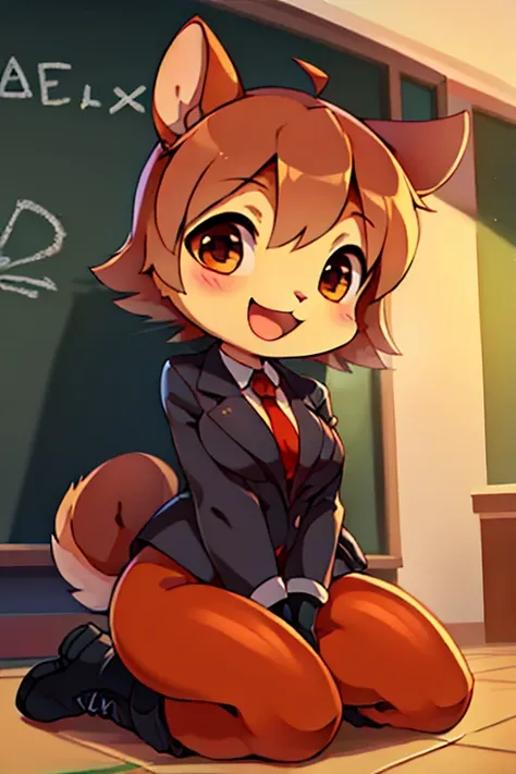 boy, squirrel and rabbit and cat, furry, bodyfur, blazer, bottomless, color tights, gloves, boots, school, chibi, happy, kneeling