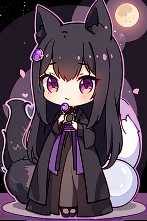 A black haired woman with violet eyes with an hourglass figure and black fox ears and a black fox tail is blushing in front of a full moon