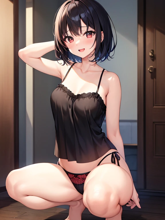 masterpiece、Highest quality、Ultra-high resolution、Medium breasted girl、red and large eyes,、Black short hair、The hair inside is colored、Excited face、Please open your mouth a little、Sensual Gravure Idol、Seductive pose、Sex-inviting pose、camisole、panties、Squat