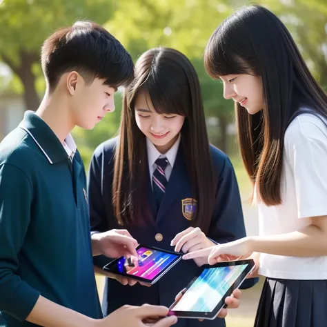 タブレットを見せ合っている男子高生と女子高生
